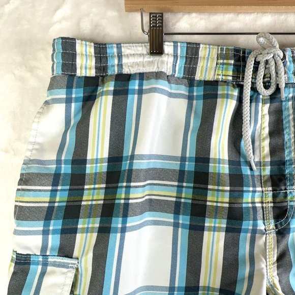 Caribbean Joe Mens Swim Trunks Large Aqua Green Gray Plaid Hawaiian Pocket GUC - Picture 8 of 14